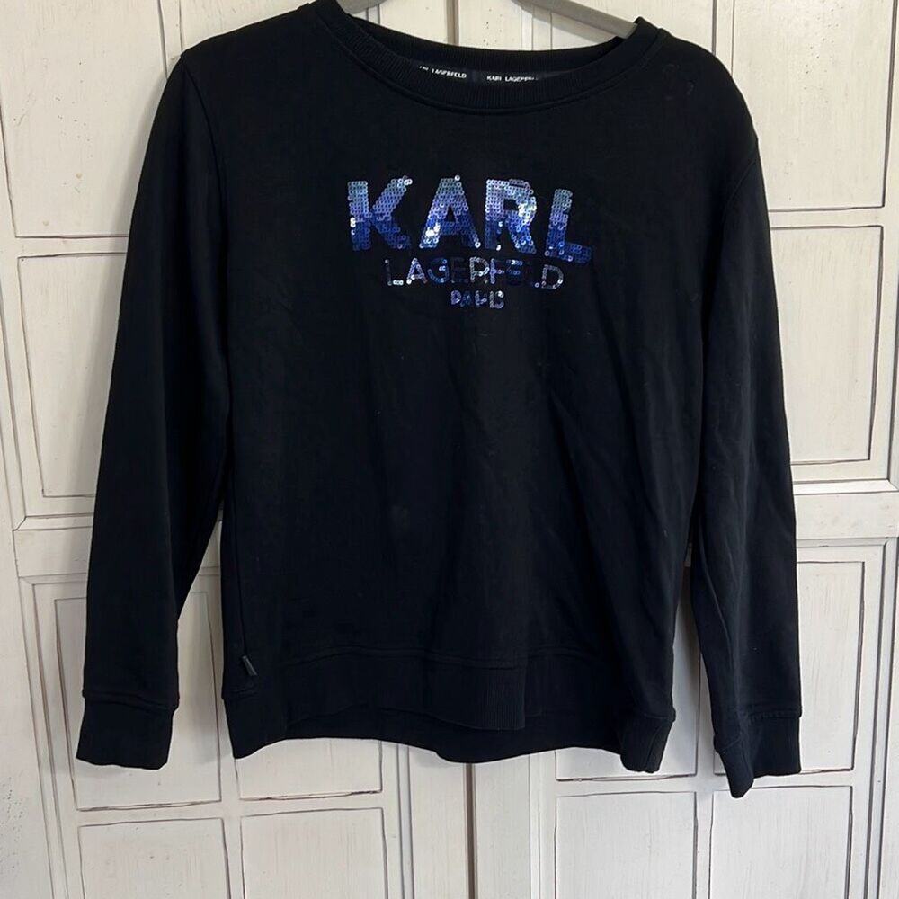 Karl Lagerfeld size small black sweatshirt top with sequins and signature